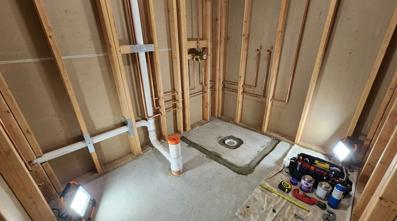 Bathroom rough-in plumbing during remodel by Johns Plumbing LLC in Oak Lawn