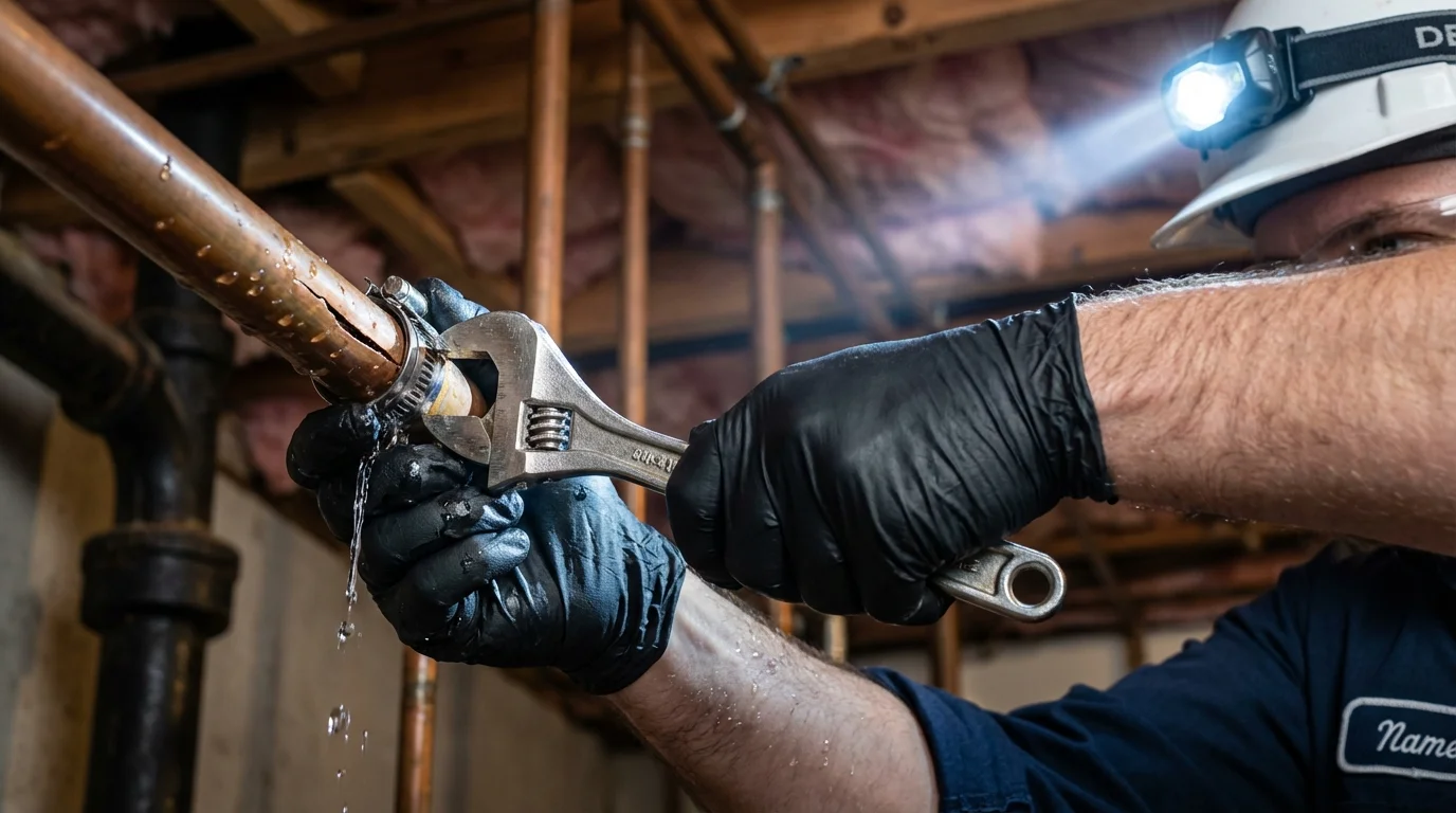 Emergency pipe clamp repair being performed by a Johns Plumbing LLC plumber in Oak Lawn