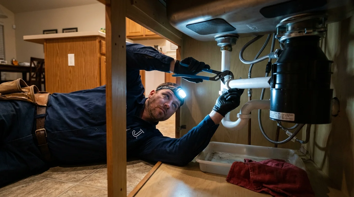 P-trap and supply line connections under a kitchen sink showing a common leak point in Oak Lawn, IL